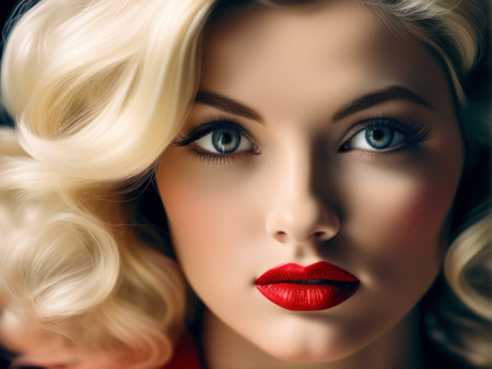 Portrait of beautiful young woman with blond curly hair and red lipsの素材