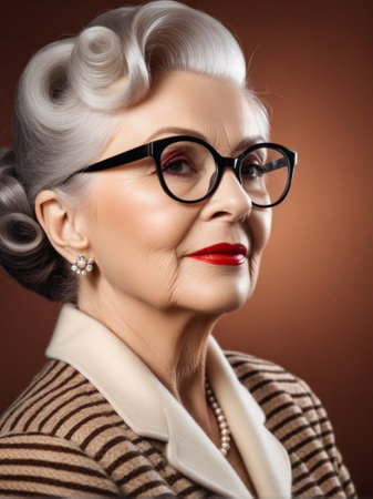 Portrait of a beautiful senior woman in glasses. Studio shot.の素材