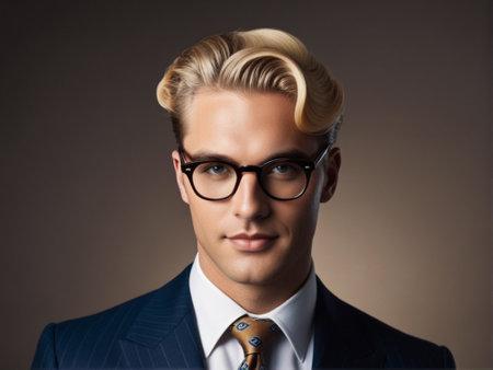 40s retro Portrait of a young gentleman in glasses. Studio shot.の素材