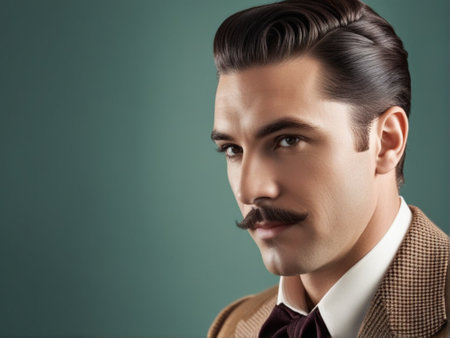 Portrait of handsome young man with mustache. Men's beauty, fashion.の素材