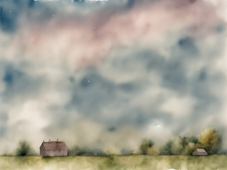 watercolor landscape with a small house in the forest.の素材