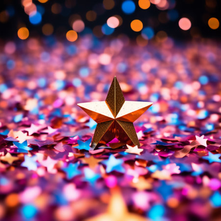 Colorful stars confetti background. Selective focus. Shallow depth of field.の素材