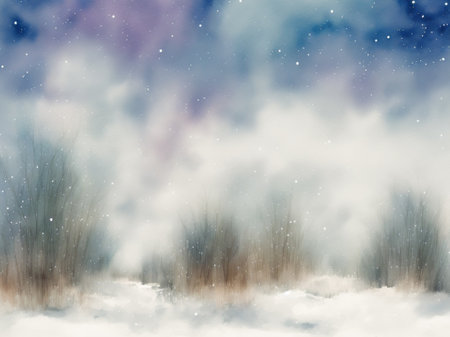 Winter landscape with snowy forest and falling snowflakes. Digital painting.の素材