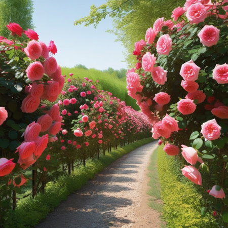 A tunnel of pink roses landscapeの素材