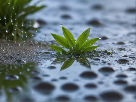 Raindrops on a wet street in the evening. Selective focus.