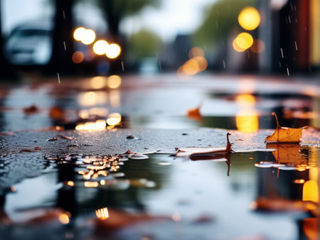 Raindrops on a wet street in the evening. Selective focus.の素材