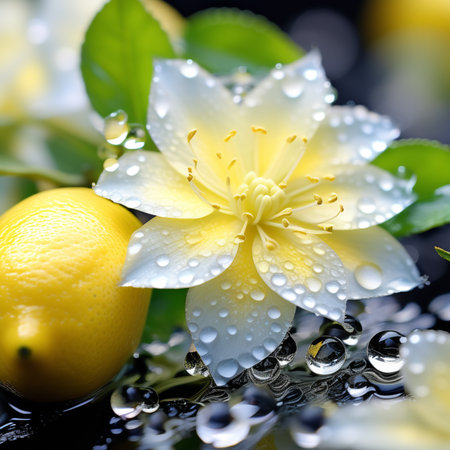 Lemon slices with green leaves. Citrus background.の素材