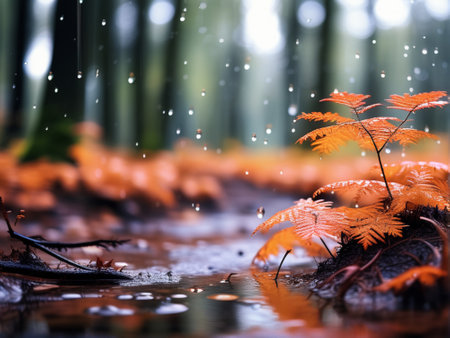 Autumn background with falling leaves and raindrops in wet forest.の素材