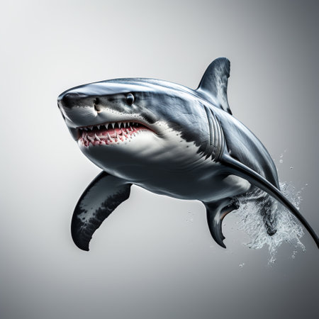 Great white shark with open mouth. 3D render illustration on gray backgroundの素材