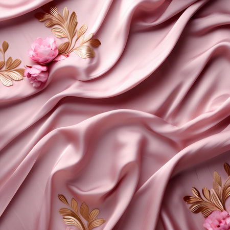 Pink satin background with flowers and pearls. 3d renderingの素材