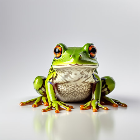 Green frog on a white background. Close-up. Studio photography.の素材