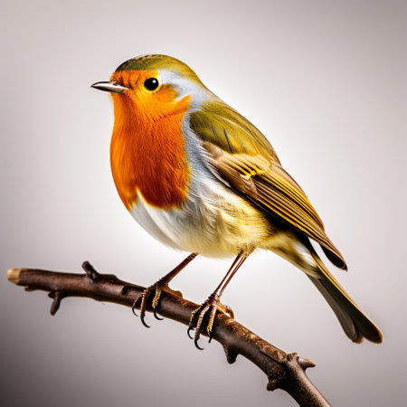 Robin bird on a branch isolated on white background. Redbreastの素材