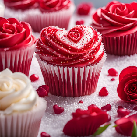 Valentine's day cupcakes with red velvet hearts and rose petalsの素材