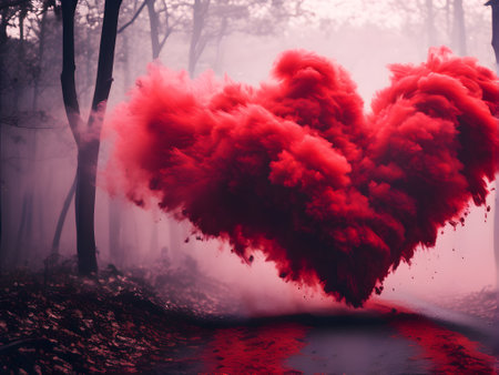 Red heart in a foggy forest. Valentine's day card.の素材