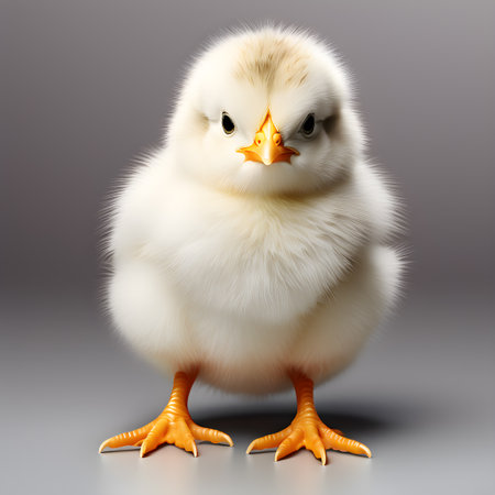 Cute little chicken isolated on gray background. 3d rendering.の素材