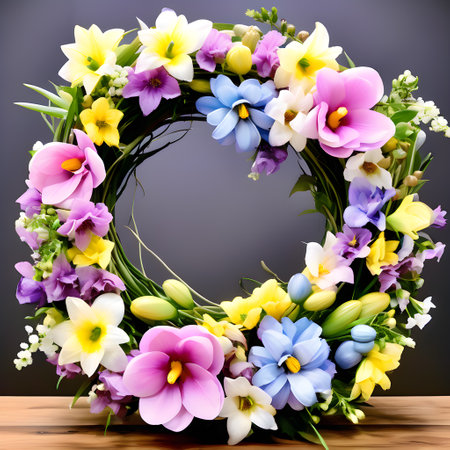 Easter decoration with spring flowers on gray background. Top view.の素材