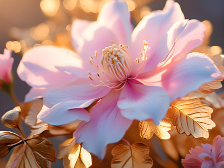 Close up of beautiful white flowers in golden lightの素材