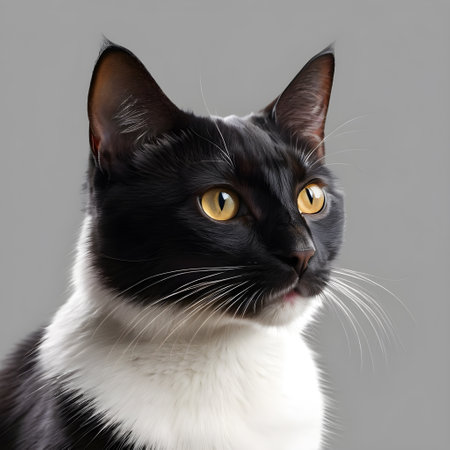 Close-up portrait of a black and white cat with yellow eyesの素材