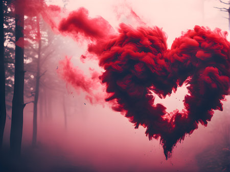 Red smoke in the shape of a heart against the background of the forestの素材