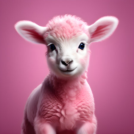 Close-up portrait of cute pink lamb, isolated on pink background.の素材