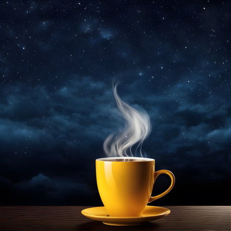 Cup of coffee on wooden table over dark background with sky and starsの素材