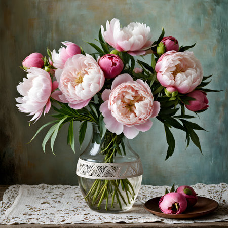Bouquet of pink peonies in a vase on the tableの素材