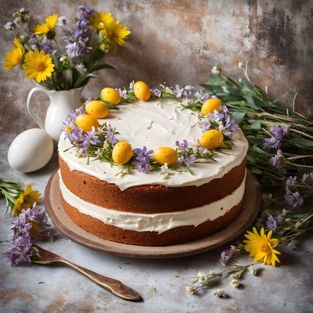 Easter cake with flowers and easter eggs on a rustic backgroundの素材