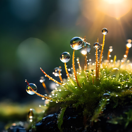 Macro photo of moss with dew drops. Beautiful nature backgroundの素材
