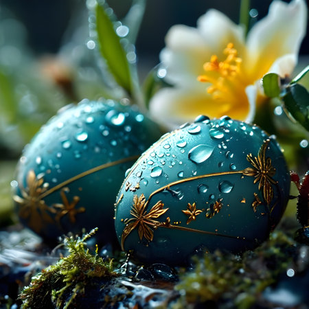Easter egg with water drops on a mossy stone in the wet grassの素材