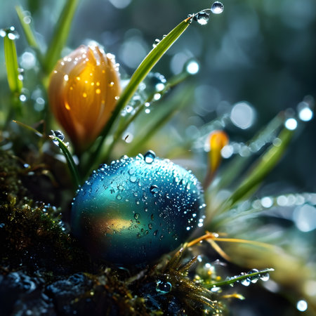 Easter egg with water drops on a mossy stone in the wet grassの素材