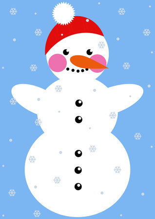 Snowman in a red hat on a blue background.の写真素材