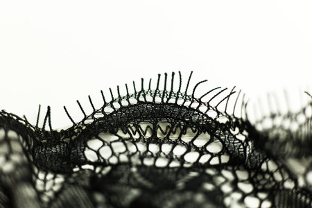 Texture, background, pattern. Lacy black fabric. Black lace on a white background