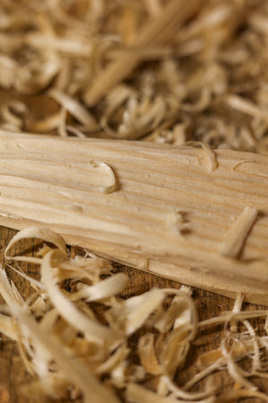 Carpenter's workbench with a wooden shavings, close-upの写真素材