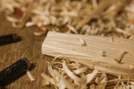 Carpenter's workbench with a wooden shavings, close-upの写真素材