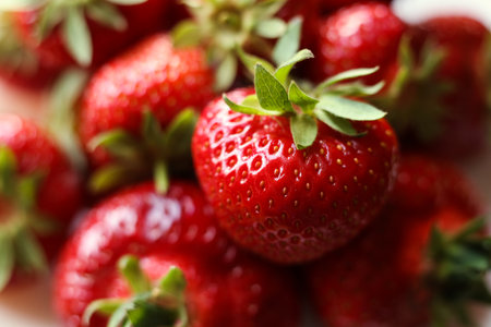 fresh strawberries with green leaves, close up photoの写真素材