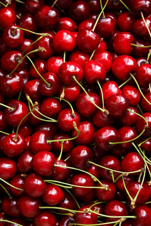 Cherries background. Top view of fresh red cherries.の写真素材