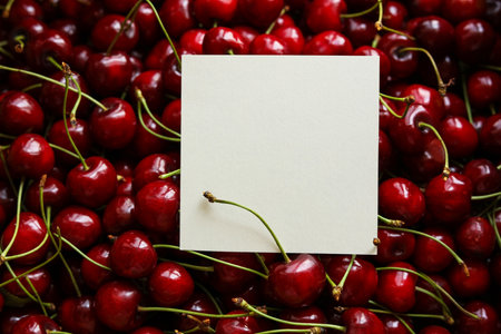 Cherries with a blank card for your text, top viewの写真素材