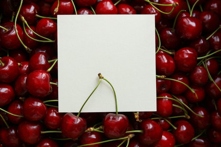 Cherries with a blank card for your text, top viewの写真素材