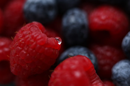 Fresh blueberries and raspberries as background, closeup view