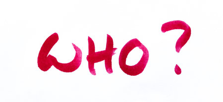 Handwritten word âwho?â written in red ink or marker on a clean white background. Minimalist compositionの写真素材