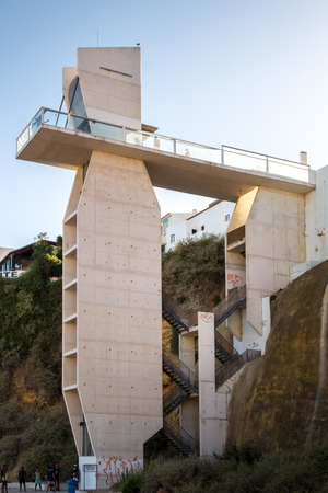 Elevador do Peneco tower in the sunset, view from the beach, Albufeira, Algarve, Portugal, Europe.のeditorial素材