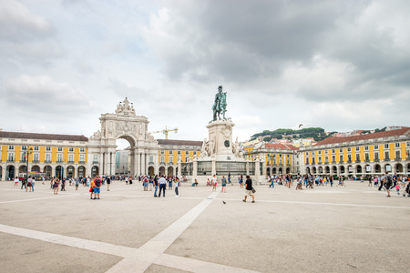 Lisbon, Portugal - August 27, 2017: Tourists walking on the Comercio Square, Praca do Comercio On A Partly Cloudy Day In Lisbon, Portugal.のeditorial素材