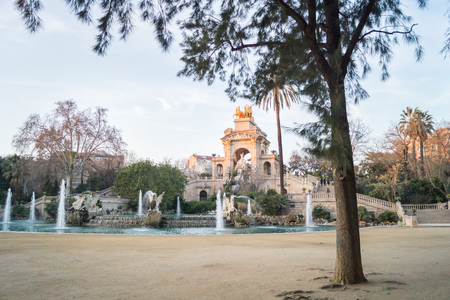 The Cascada Monumental in the Ciutadella Park in Barcelona, Spain. This epic fountain for which GaudÃ­ designed the hydraulics is in Parc de la Ciutadella.のeditorial素材