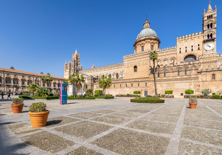 Palermo, Sicily - March 23, 2019:  The front view of the Palermo Cathedral or Cattedrale di Palermo in a nice sunny afternoon in Palermo, southern Italy.のeditorial素材