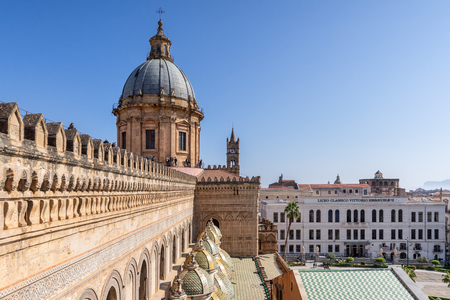 Palermo, Sicily - March 23, 2019:  Close up view of the Palermo Cathedral or Cattedrale di Palermo dome structure in a nice sunny afternoon in Palermo, southern Italy.のeditorial素材