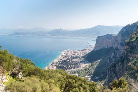 Panoramic view on the sea with cityscape from statue of Santa Rosalia on Monte Pellegrino on a beautiful sunny day in Palermo, Sicily.の写真素材