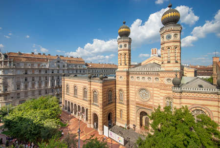 Budapest, Hungary - September 10, 2018: Synagogue on Dohany street with people around on a sunny day - from balcony.のeditorial素材