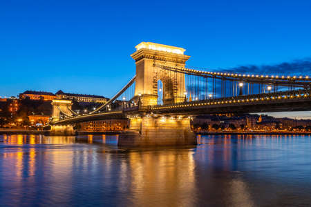 Budapest, Hungary - September 22, 2020: Twilight image of Szecenyi Lanchid or Chain Bridge over Danube River in Budapest, Hungaryのeditorial素材