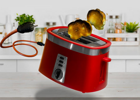 Modern red toaster with flying toasts on white wooden table in kitchenの写真素材