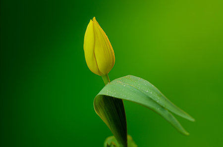 Yellow tulip on a green background with space for your text.の写真素材